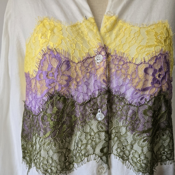 Pierre Cardin White Cardigan Sweater With Pastel Lace. Size Small - Picture 3 of 10